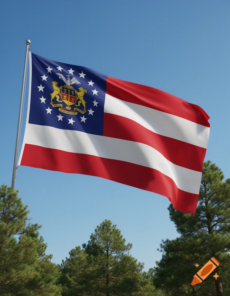A Georgia state flag flying against a clear blue sky, with the tops of green trees visible below.
