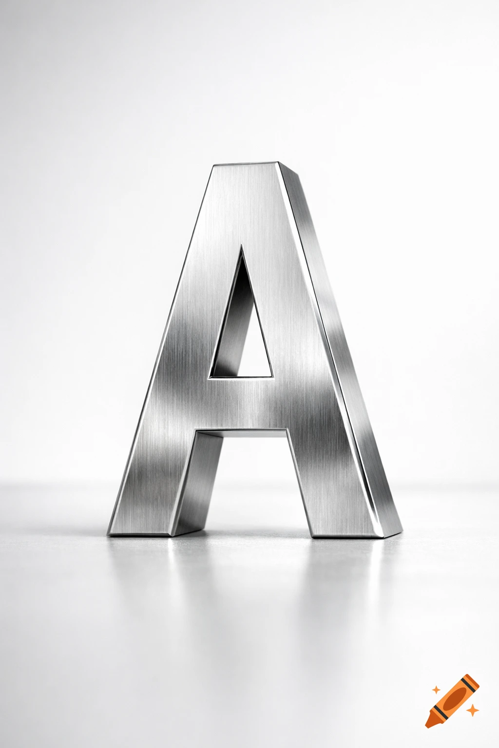A photorealistic 3D rendering of a brushed metallic capital letter A on a white background with reflections.