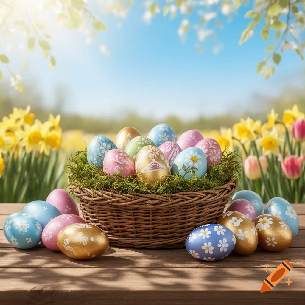 Colorful, patterned Easter eggs in a wicker basket and on a wooden table, with blooming daffodils and tulips in a sunny spring garden.