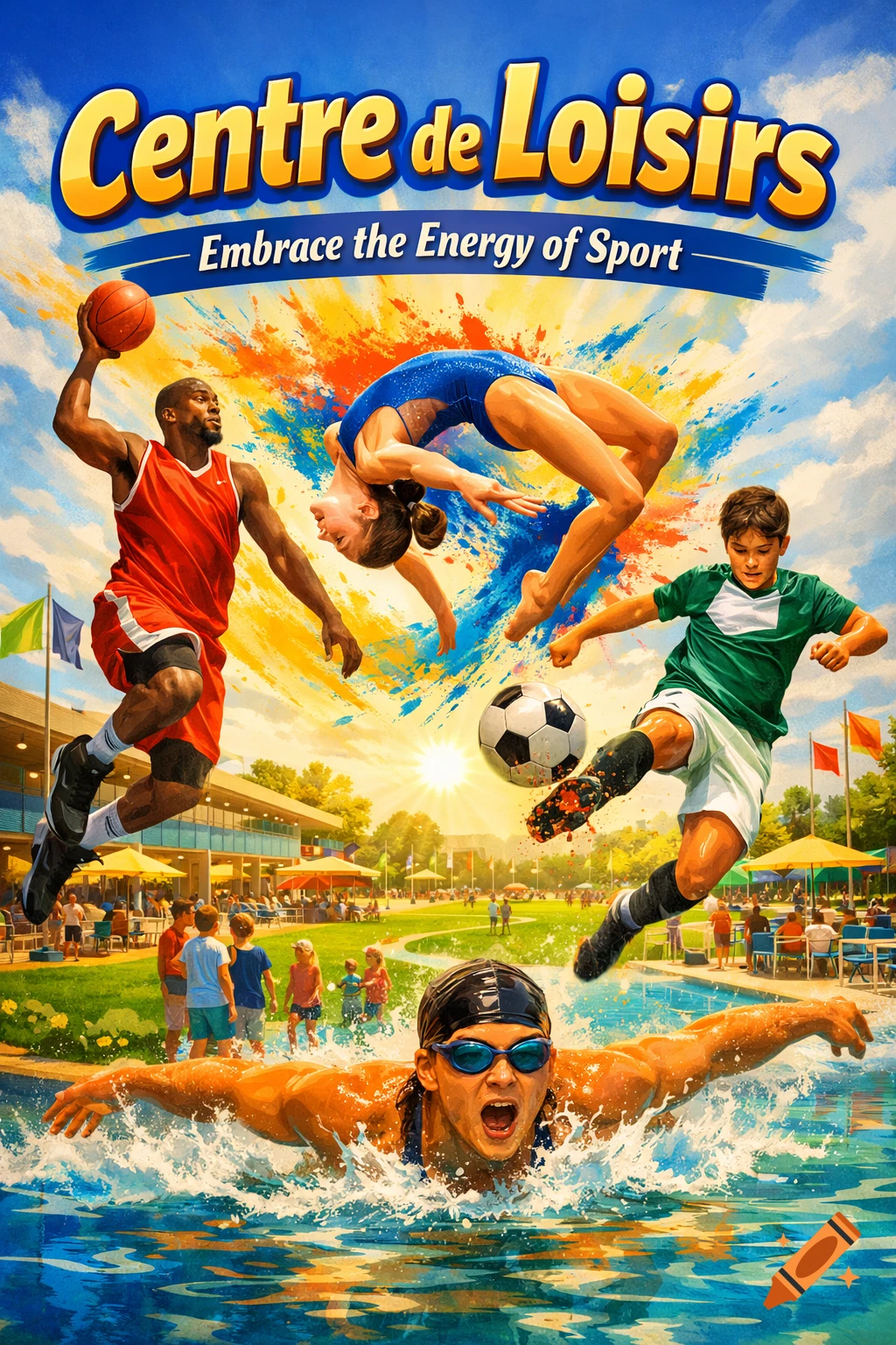 Vibrant poster art for a sports leisure center, featuring a basketball player, gymnast, soccer player, and swimmer against a colorful, sunny backdrop.