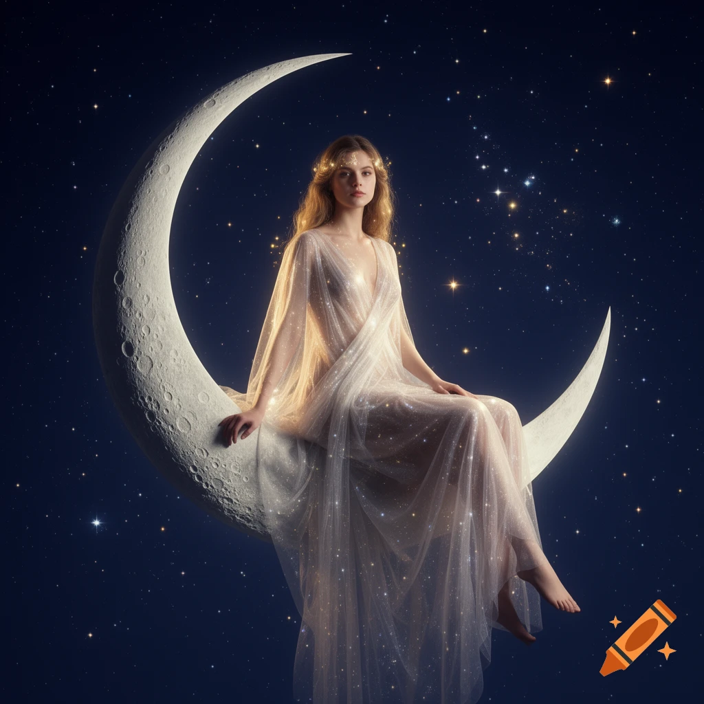 A woman in a shimmery gown sits gracefully on a crescent moon against a dark, starry night sky, bathed in golden light.