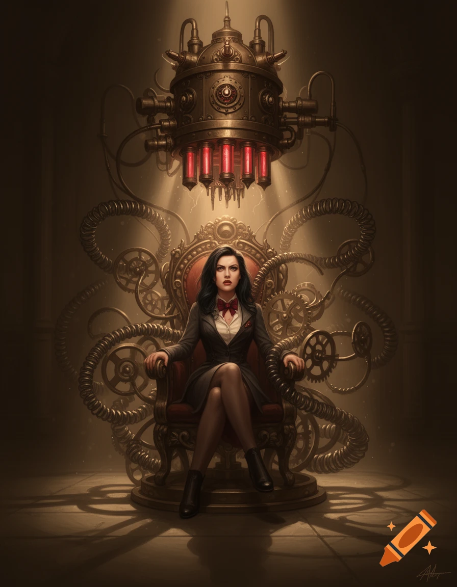 A woman with dark hair sits regally on an elaborate, ornate throne adorned with gears and tubes. Above her, a complex golden steampunk machine with glowing red vials emits light onto her.