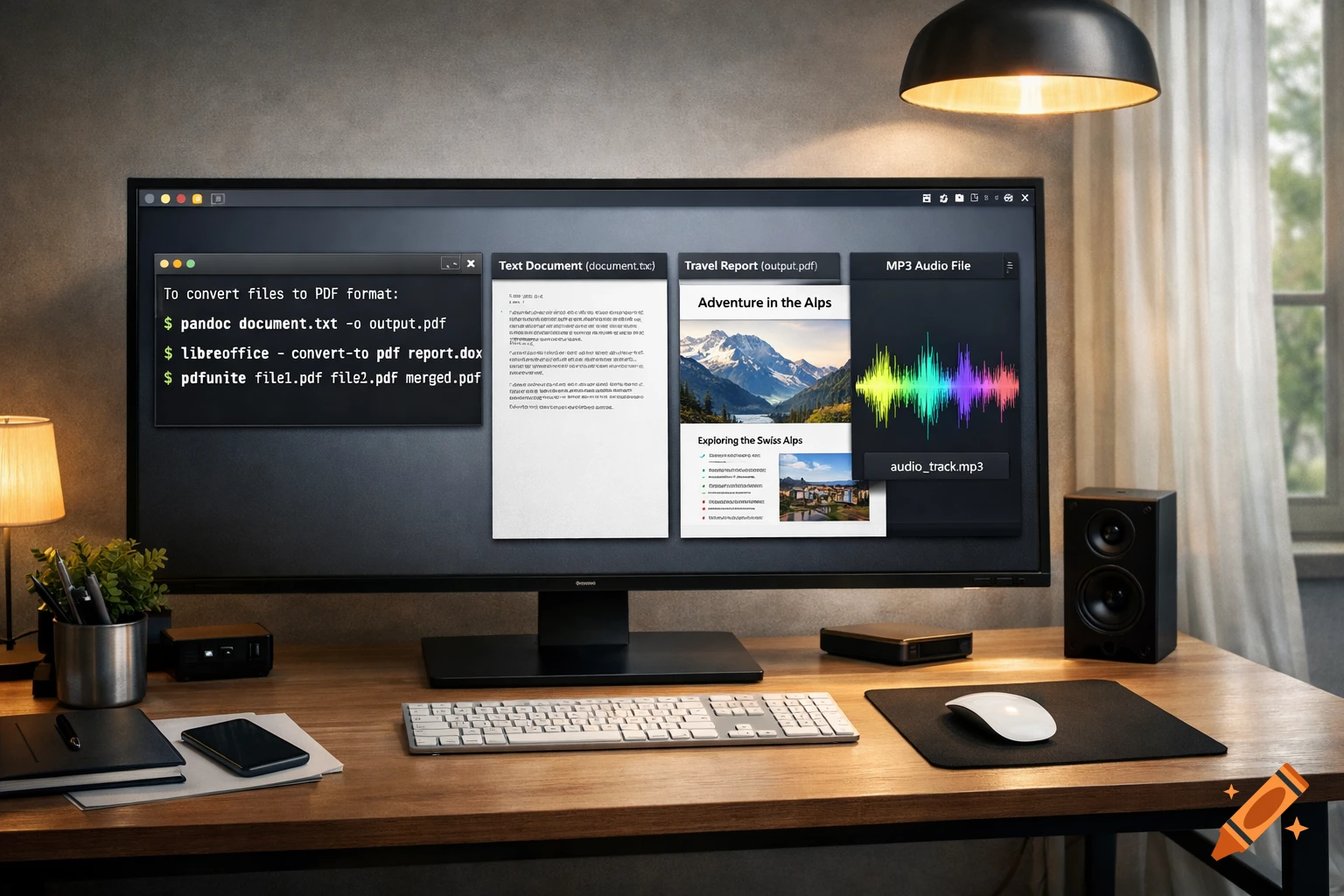 A desk with a large computer monitor displaying four open windows: a terminal with PDF conversion commands, a text document, a travel report with mountain and village images, and an MP3 audio file with a waveform. A keyboard, mouse, speakers, and lamp are also on the wooden desk, with a window and curtains in the background.