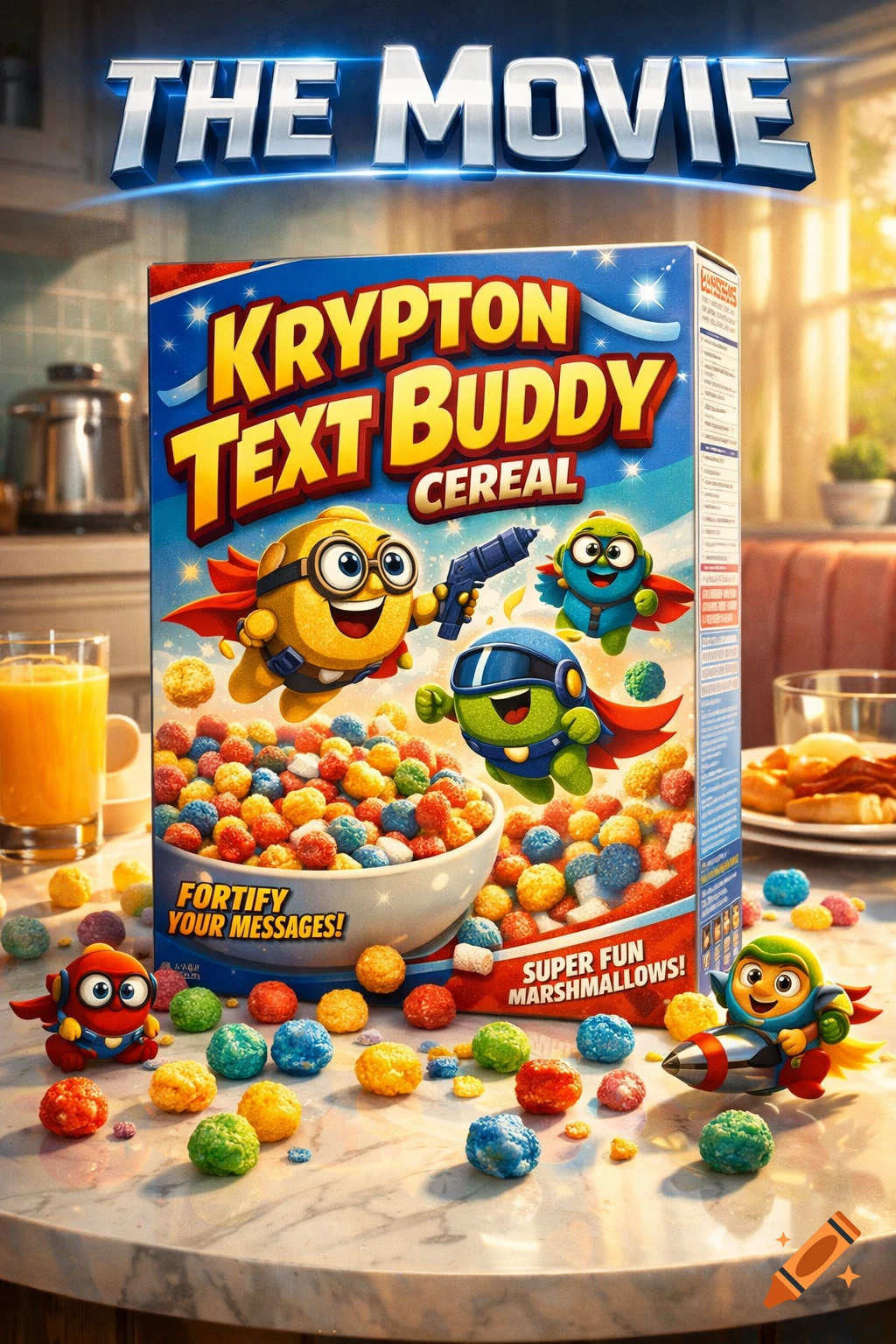 A brightly colored cereal box for 'Krypton Text Buddy Cereal The Movie' on a breakfast table with a bowl of cereal and cartoon characters.
