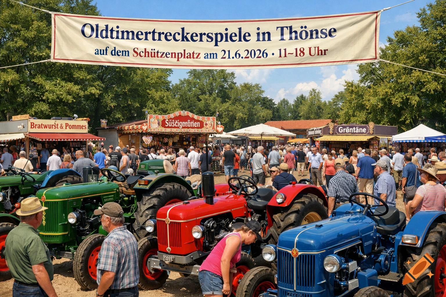 A lively outdoor festival with vintage tractors, food stalls, and a crowd of people under a banner.