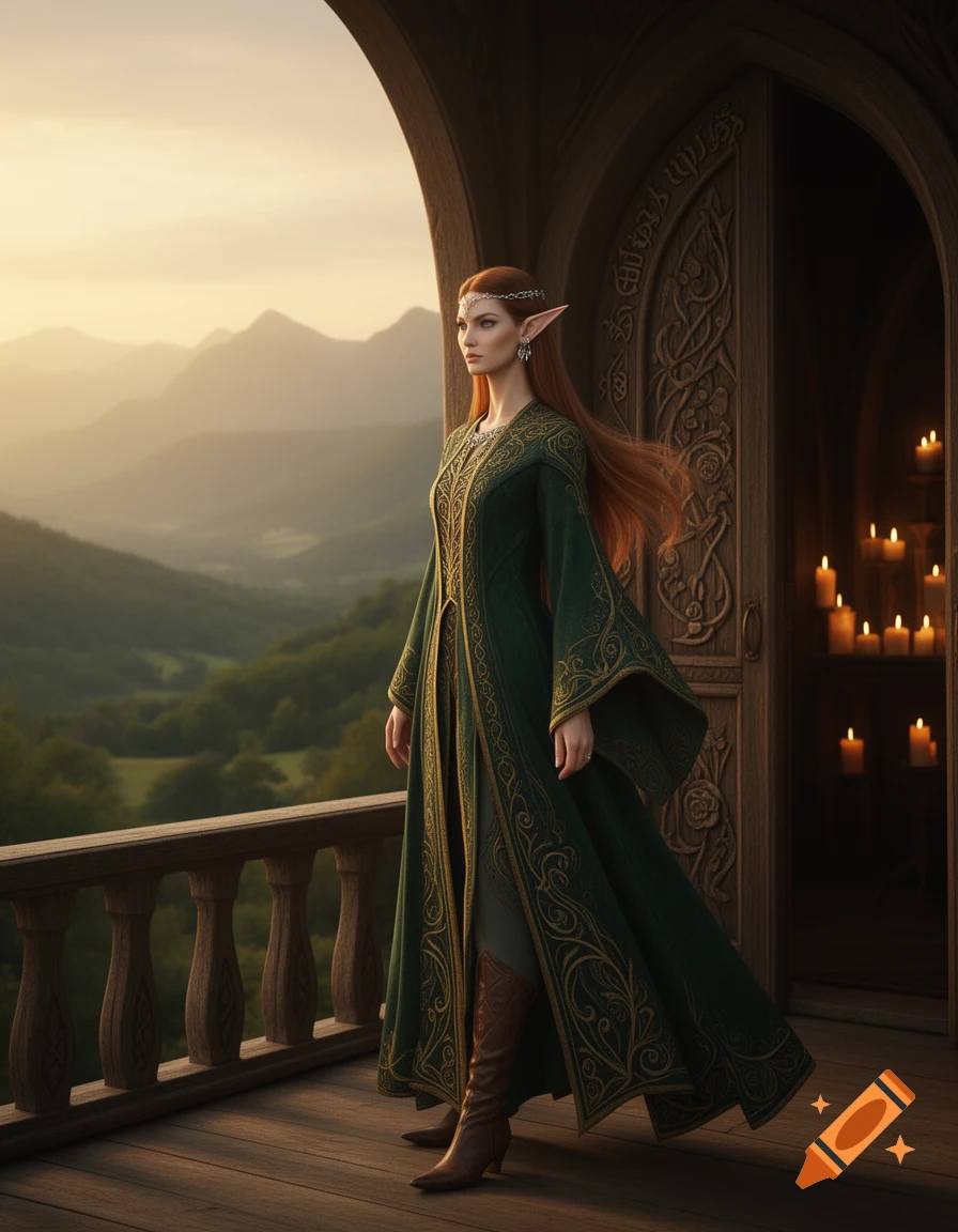 An elf noble in a green gown stands on a balcony, looking over a misty mountain valley at sunset, with an ornate door and candles.