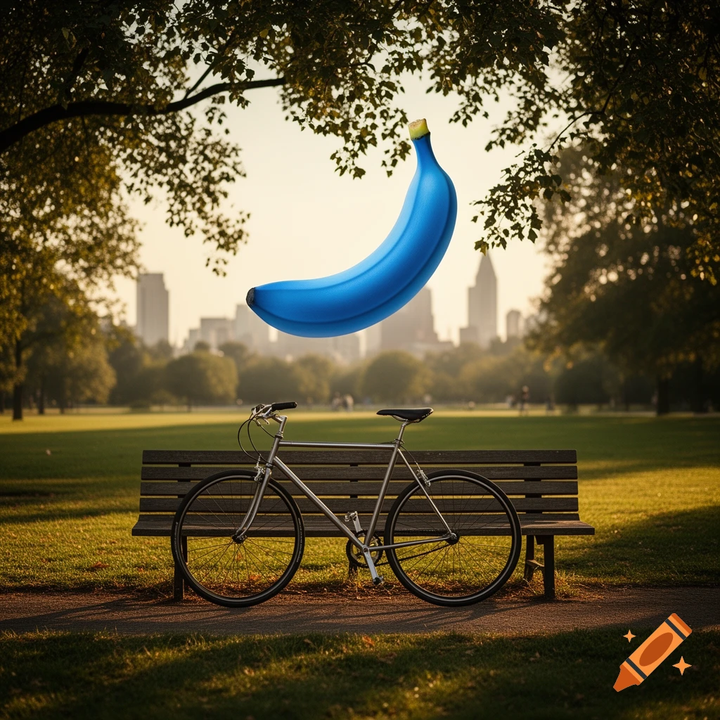 A vibrant blue banana floats above a park bench with a bicycle, set in a sunny park with distant city buildings.