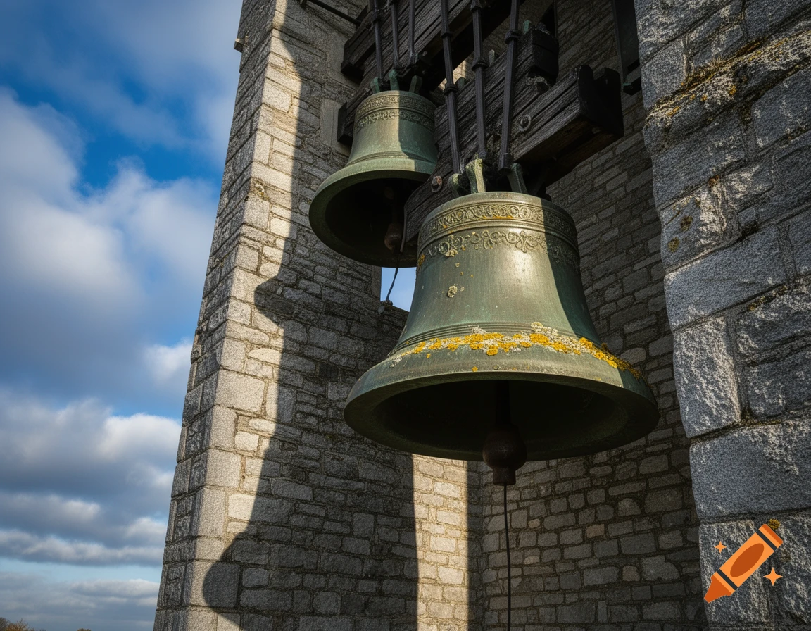 Two weathered bronze bells with lichen hanging in a stone bell tower against a blue sky, dappled in sunlight.