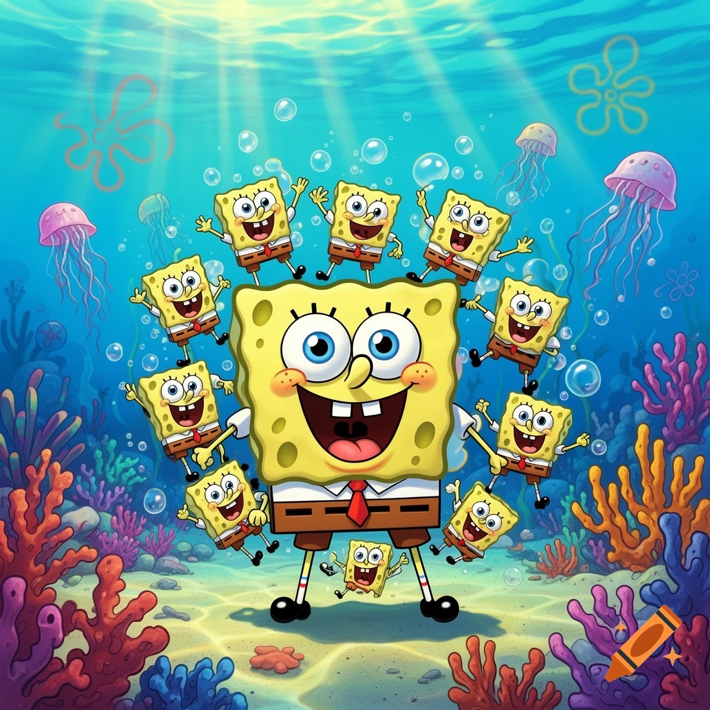 A large, smiling Spongebob surrounded by many smaller, joyful Spongebobs in a vibrant underwater scene with coral and jellyfish.