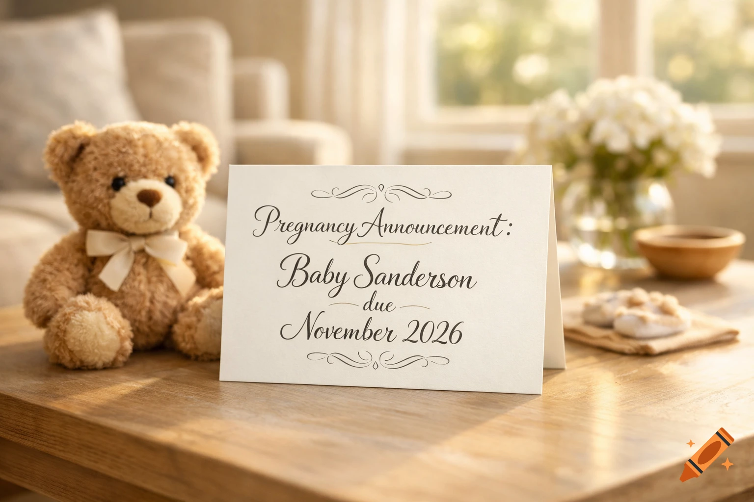 A teddy bear sits next to a pregnancy announcement card on a wooden table. The card reads 'Baby Sanderson due November 2026'.