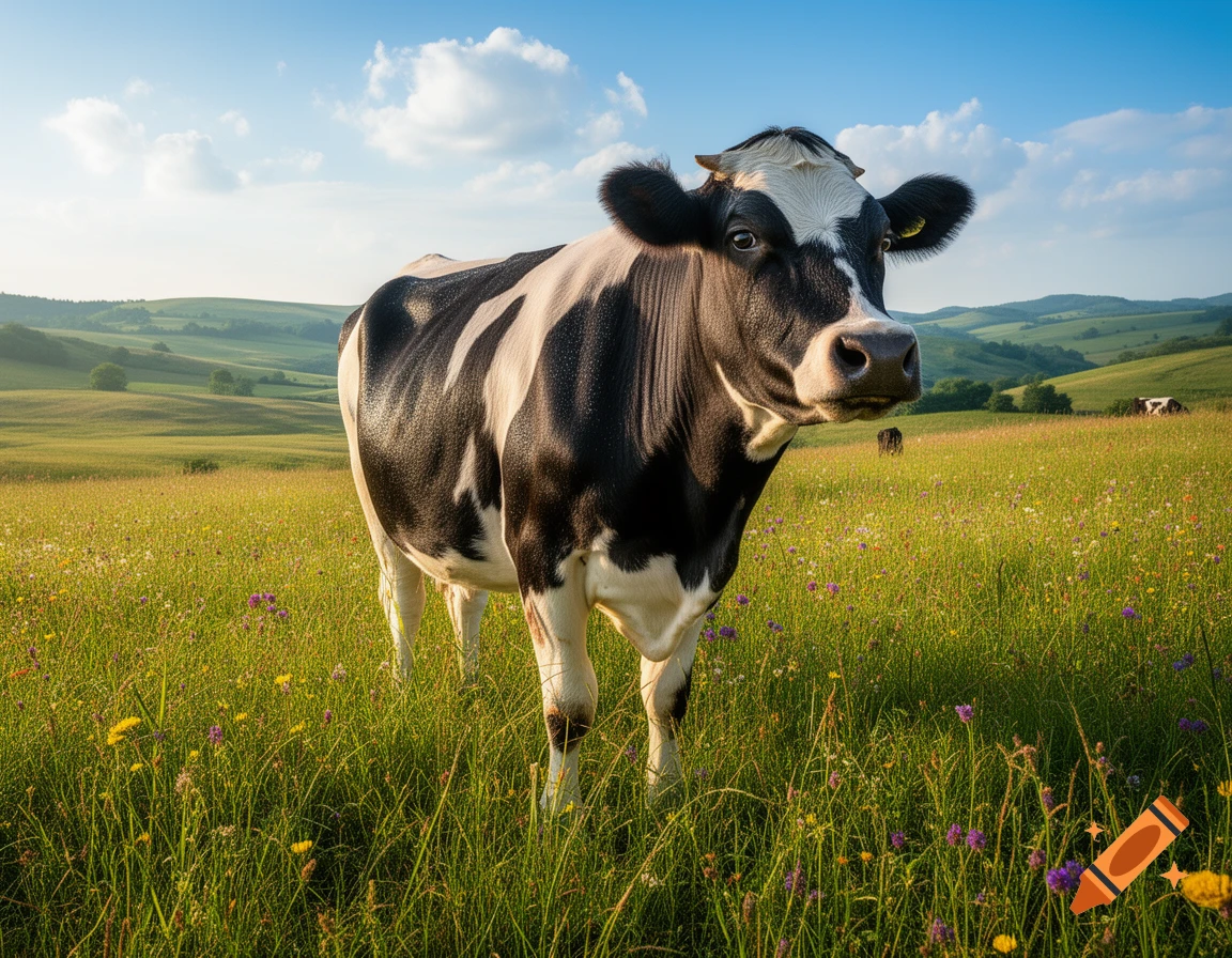 A black and white cow stands in a vibrant green meadow with colorful wildflowers under a blue sky.