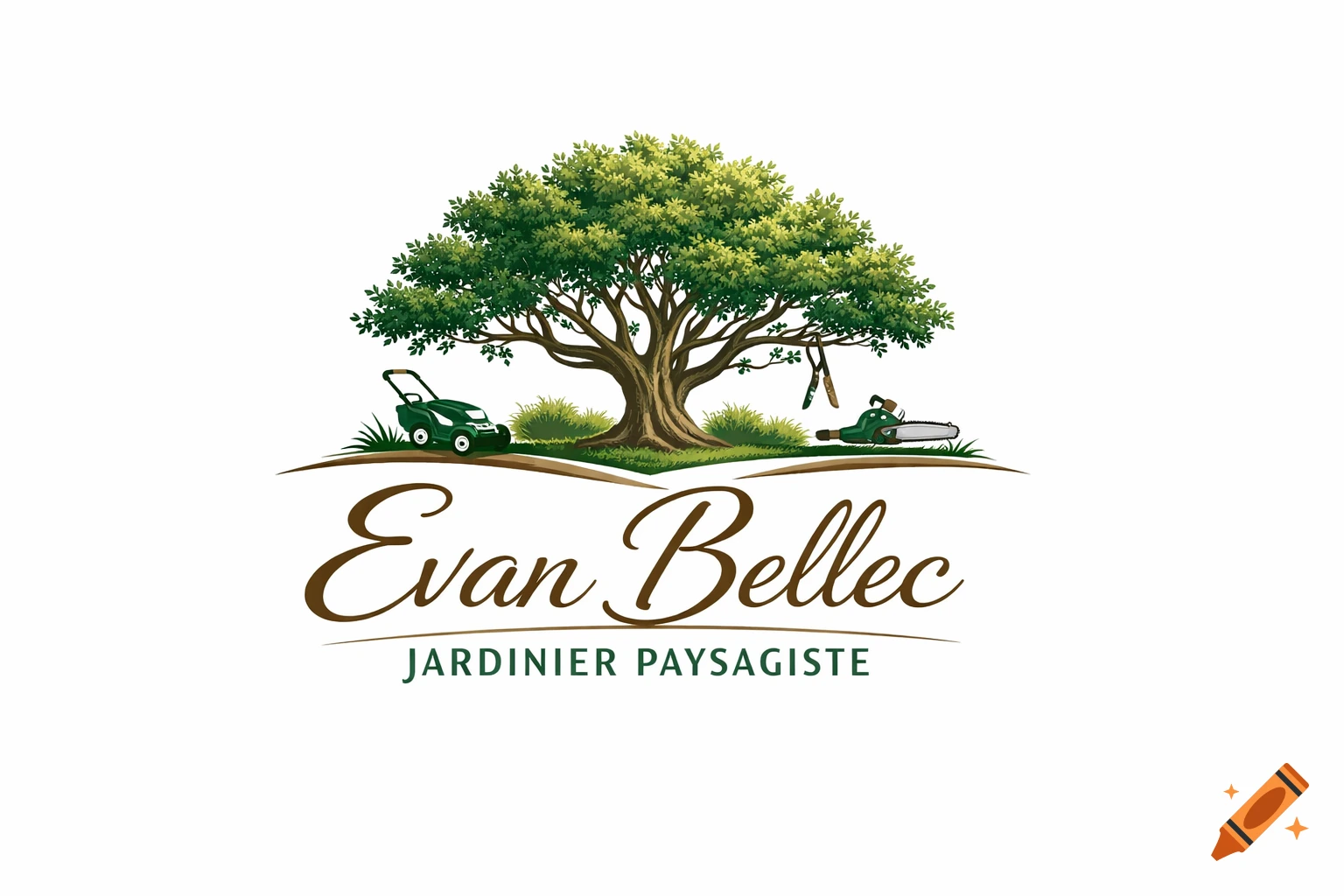 A chic logo for Evan Bellec Jardinier Paysagiste featuring a lush green tree, a lawnmower, pruning shears, and a chainsaw.