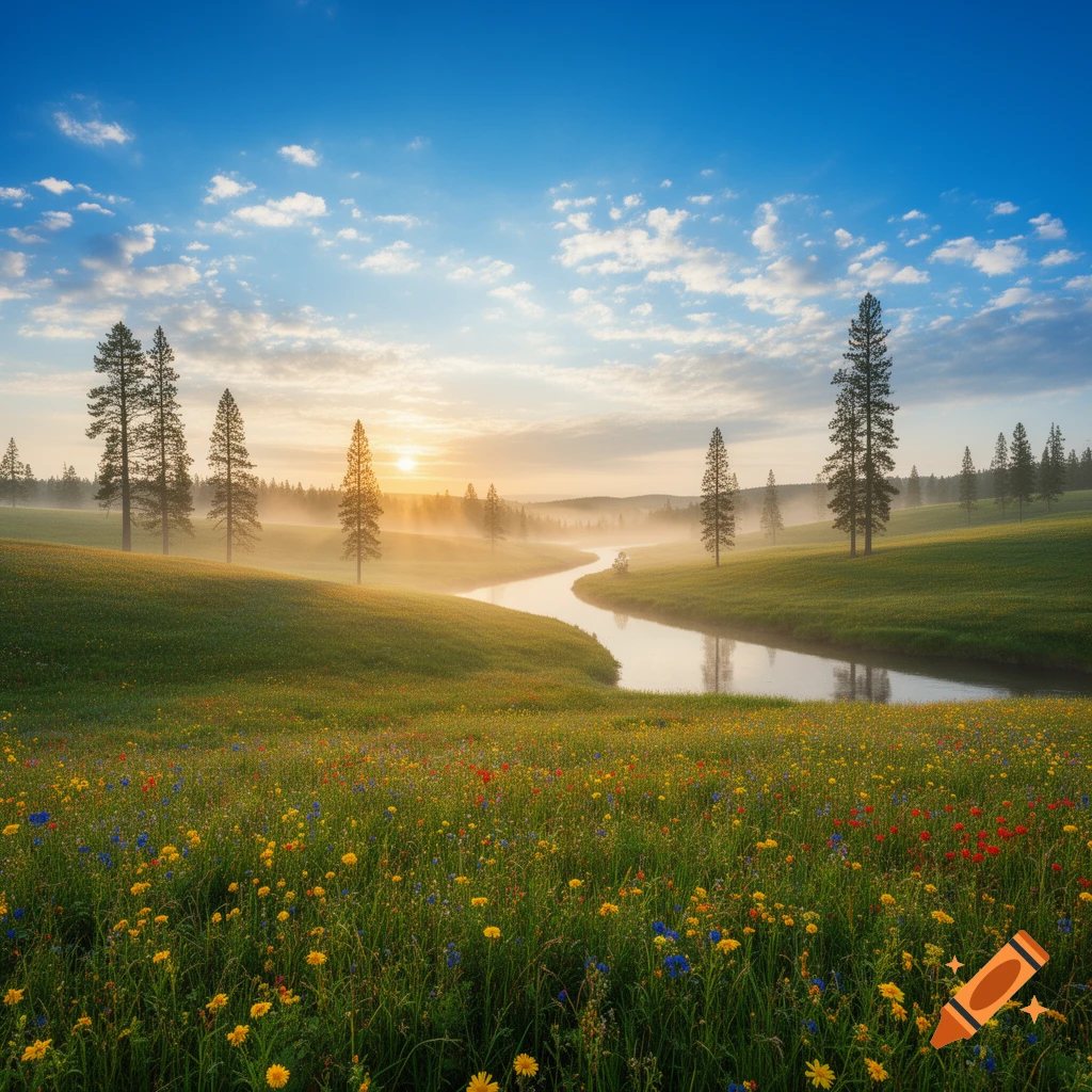A winding river flows through a vibrant green meadow filled with wildflowers and tall trees at sunrise, with a misty background.