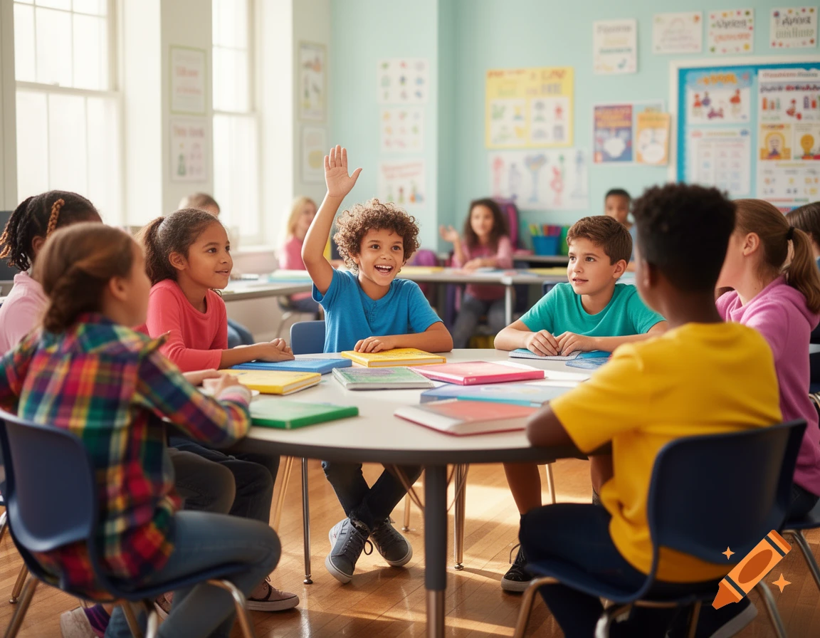 A group of diverse elementary school students sitting around a table in ...