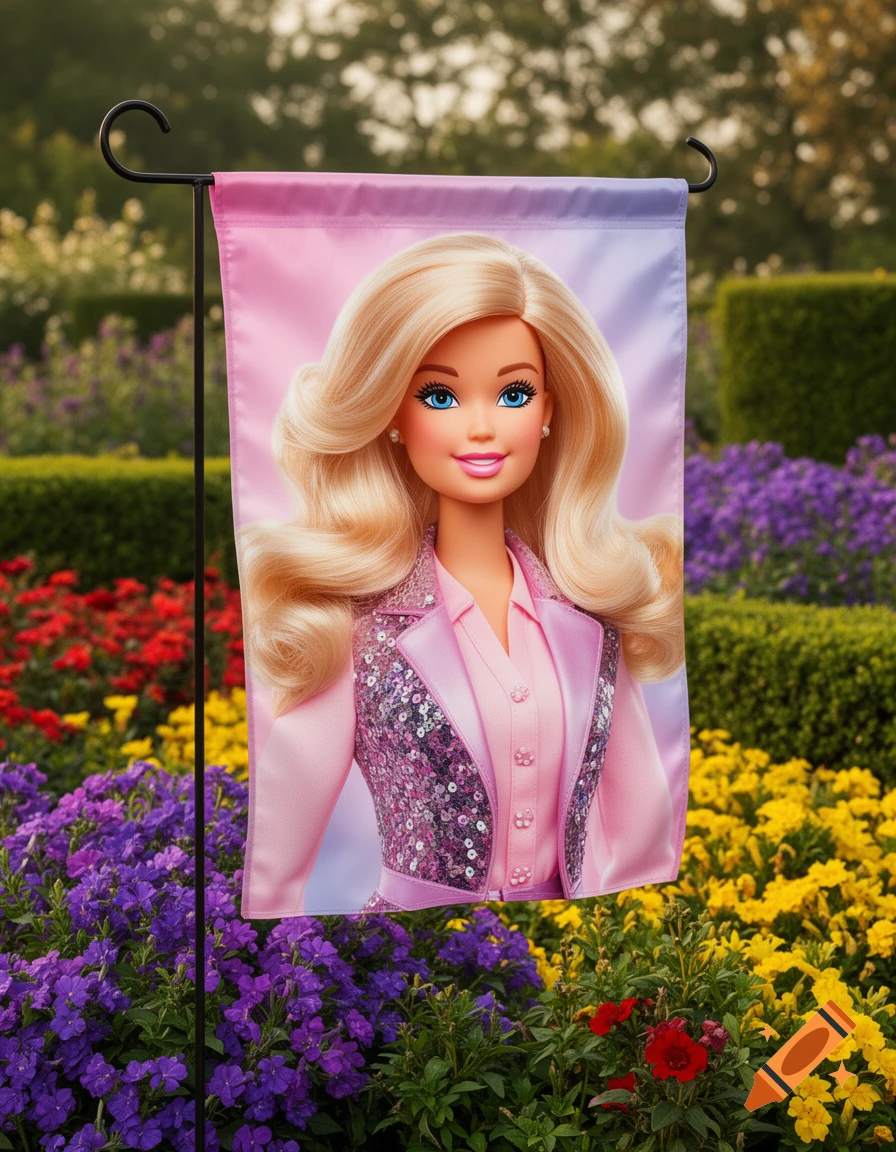 A Barbie doll on a garden flag stands amidst a colorful flower garden.