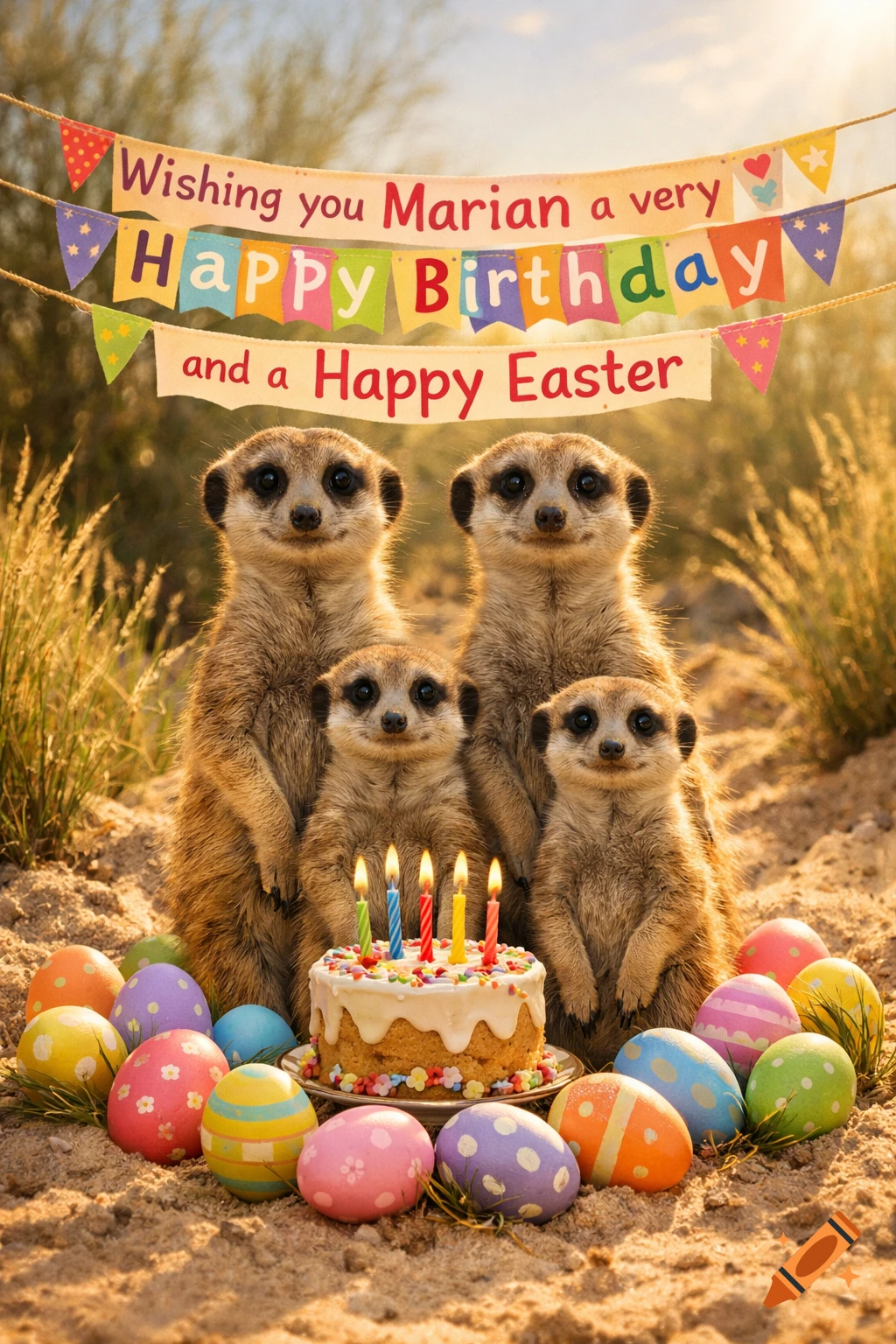 A family of meerkats with a birthday cake and colorful Easter eggs. Banners above wish 'Marian a very Happy Birthday and a Happy Easter'.