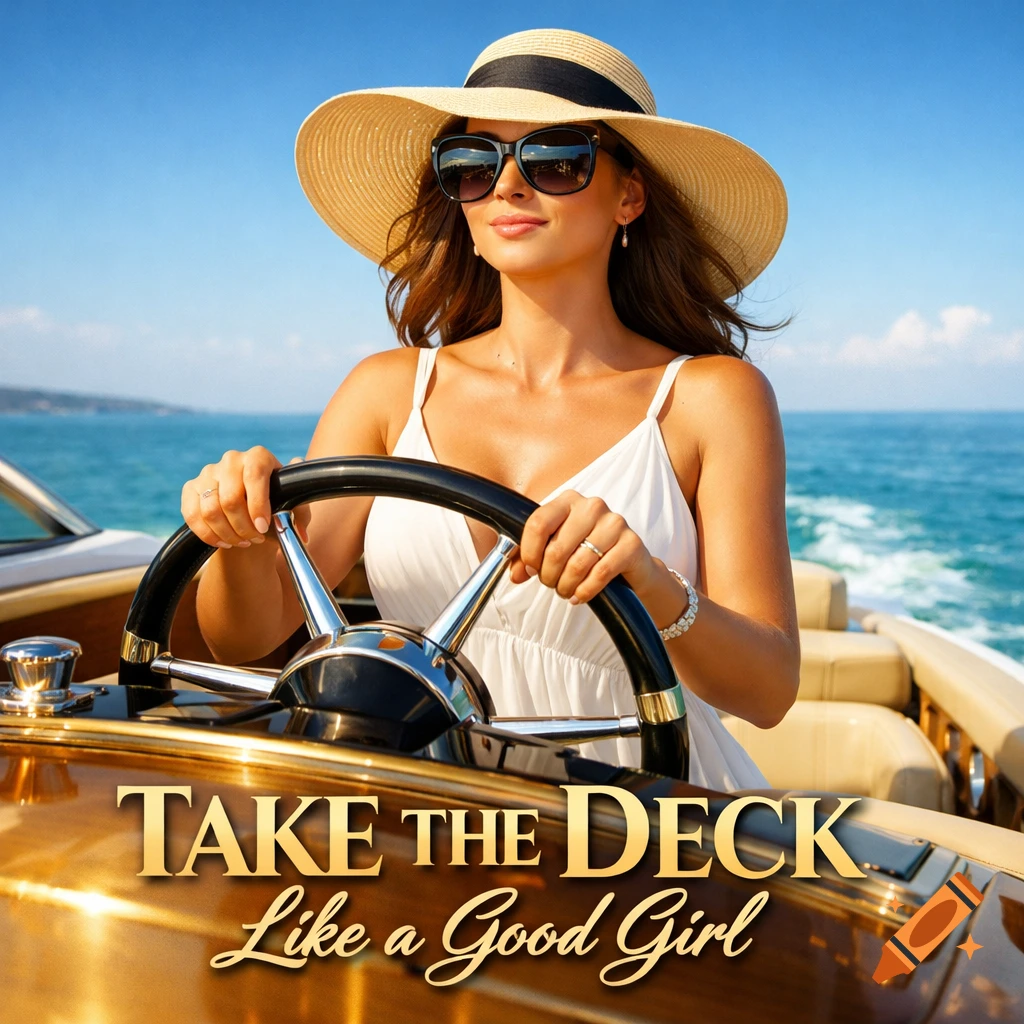 A woman in a straw hat and sunglasses drives a boat on a sunny day, with the text 'TAKE THE DECK Like a Good Girl' overlaid.