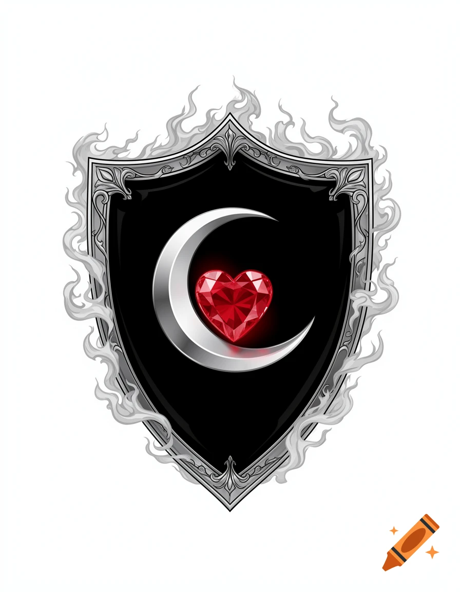A gothic fantasy heraldic shield with a silver crescent moon holding a red ruby heart, surrounded by a misty silver border.