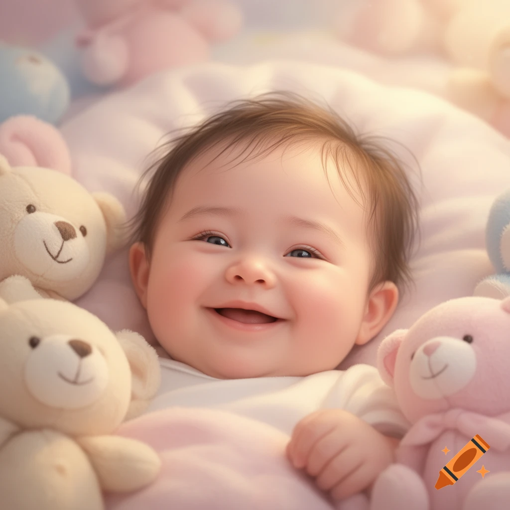 A smiling baby with dark hair lies on a pink blanket, surrounded by pink and white teddy bears.