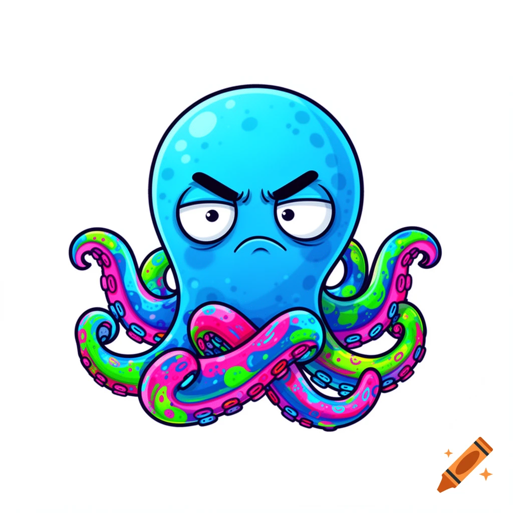 A grumpy blue cartoon octopus with vibrant pink and green tentacles on ...