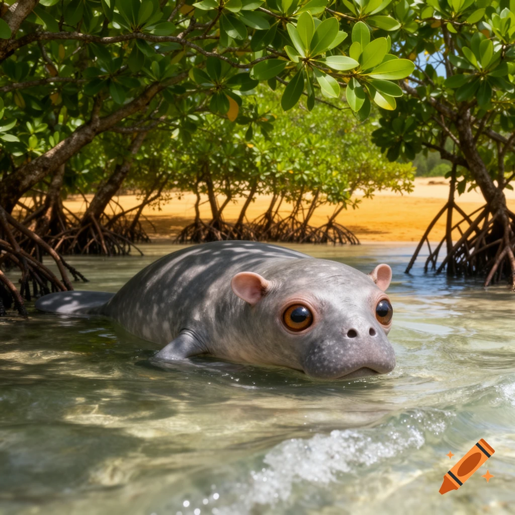 A photorealistic dugong-tarsier hybrid creature with large eyes swims in clear shallow water near mangrove trees on a sandy beach.
