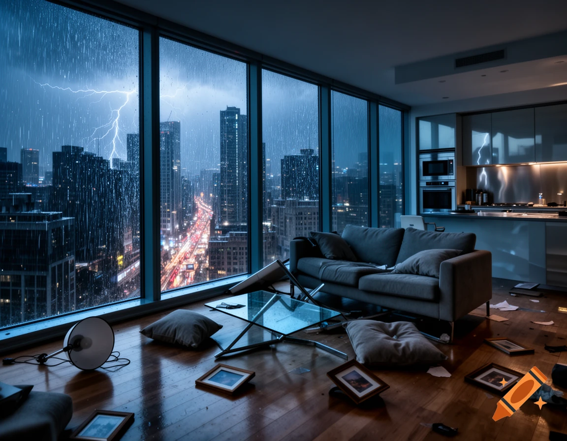 A modern, ransacked apartment with a broken glass table and scattered items, overlooking a rainy city at night with lightning.