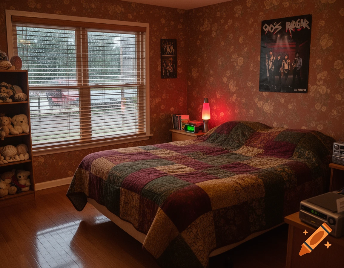 A cozy, nostalgic bedroom with a patchwork quilt on the bed, a lava lamp, and a poster. Rain is visible outside the window.