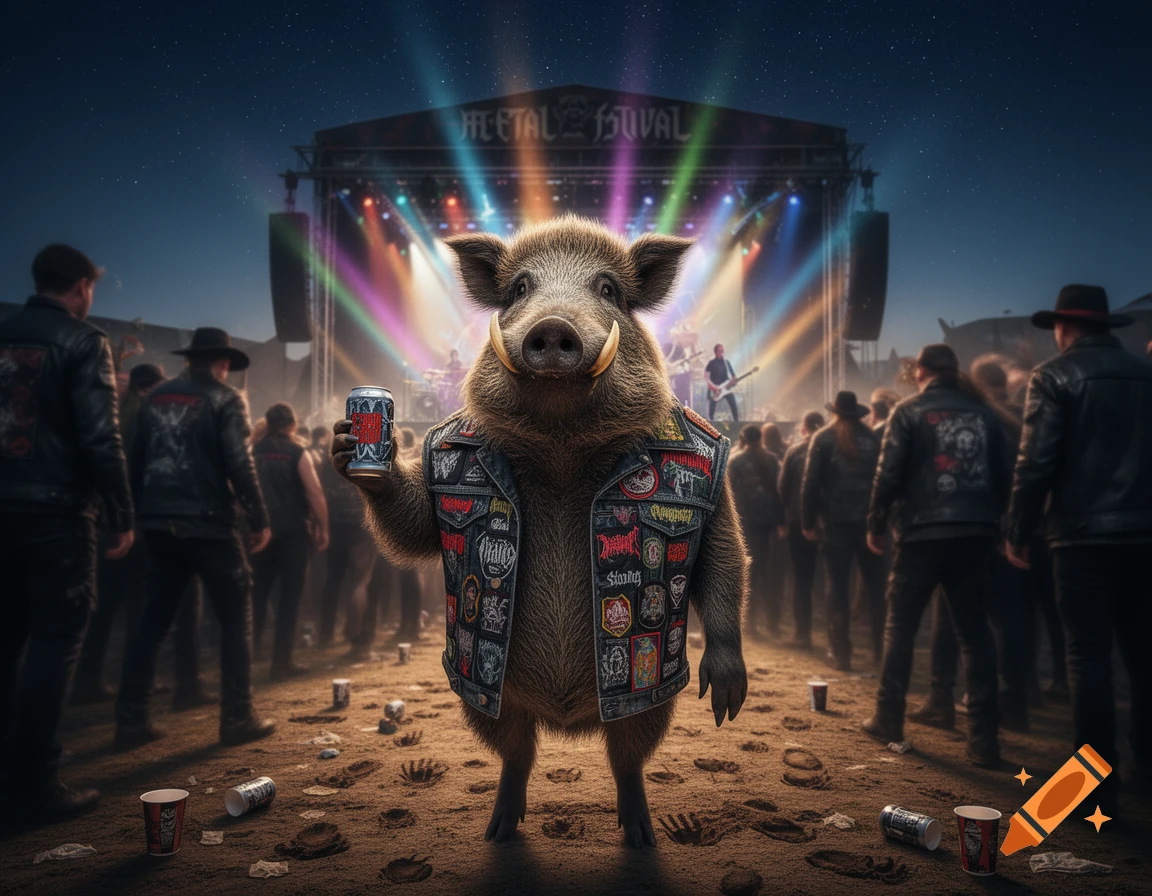 A photorealistic wild boar wearing a patched metal vest stands at the forefront of a bustling outdoor metal festival, holding a beer can under a starry night sky.