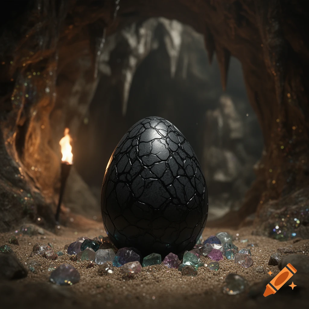 A dark, cracked dragon egg sits among sparkling colorful gems in a dimly lit cave, with a torch burning in the background.