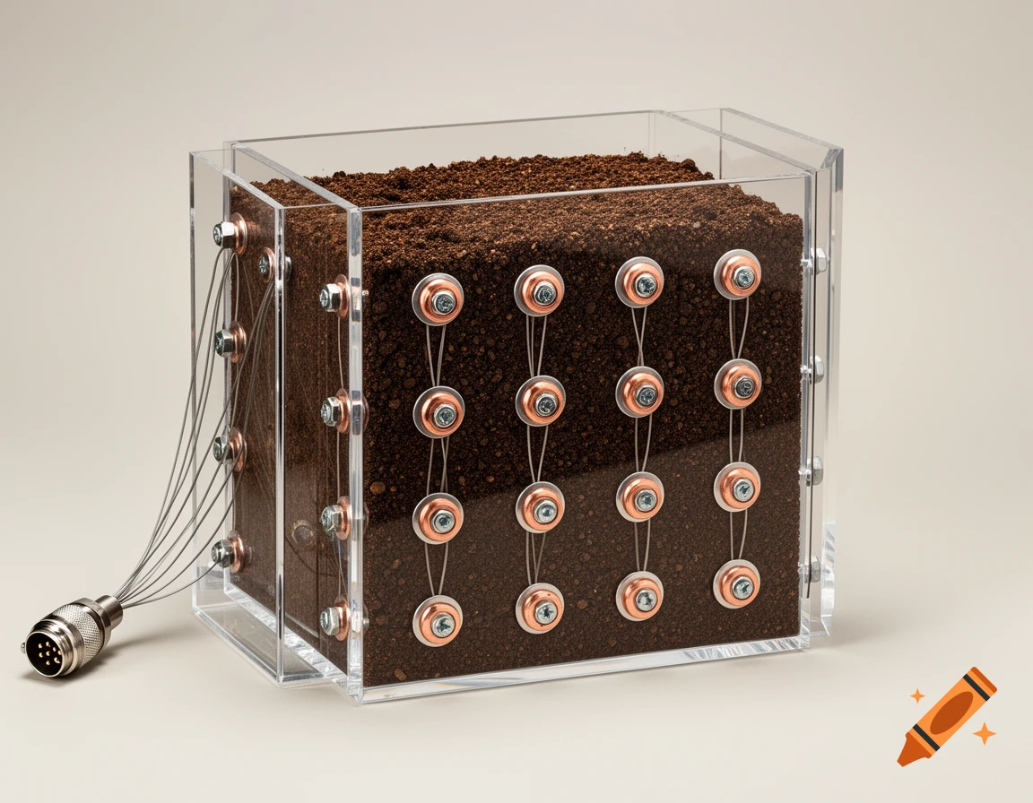 Clear acrylic box filled with soil, featuring rows of wired screws on the sides, connected to a multi-pin connector.