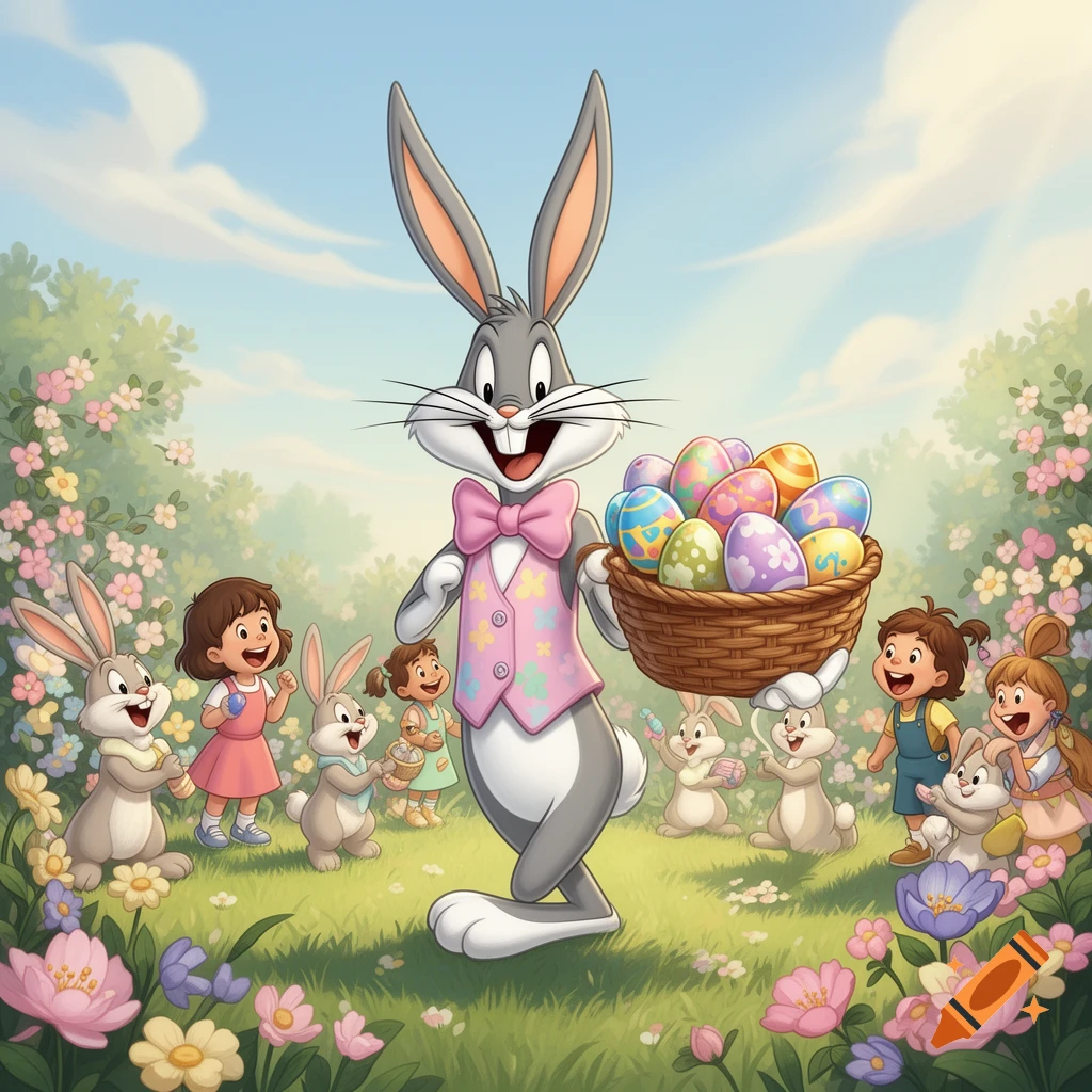 Bugs Bunny as the Easter Bunny holds a basket of eggs, surrounded by happy children and cartoon bunnies in a flowery field, cartoon style.