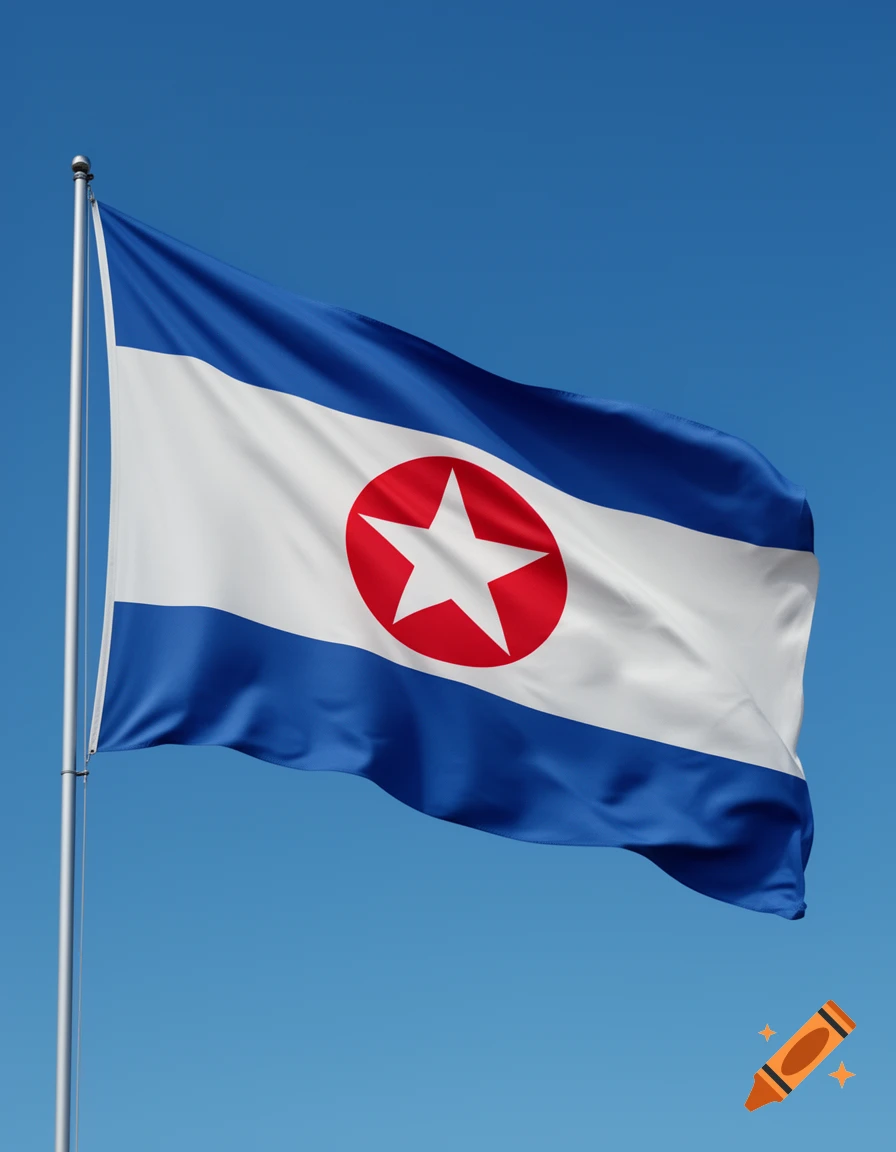 A flag with top and bottom blue stripes, a white middle stripe, and a red circle containing a white star, flies against a clear blue sky.
