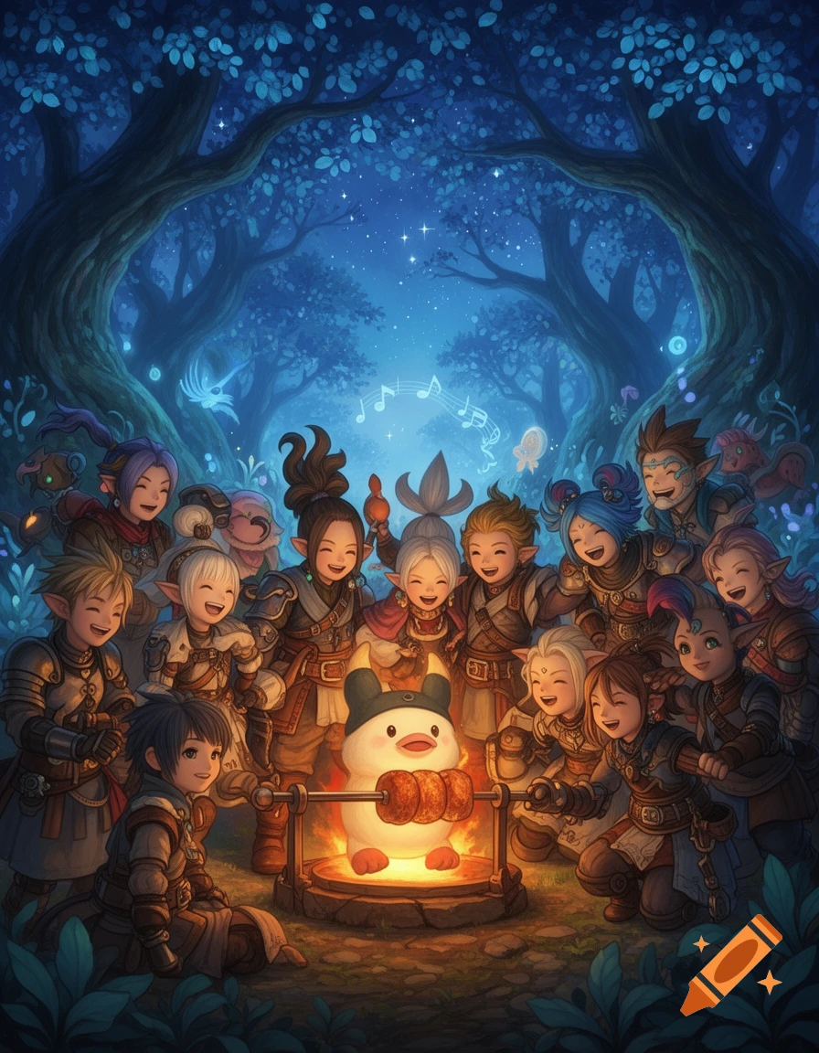 Cheerful Final Fantasy-style characters in a magical forest roast a Moogle-like creature over a campfire at night, with musical notes floating around.