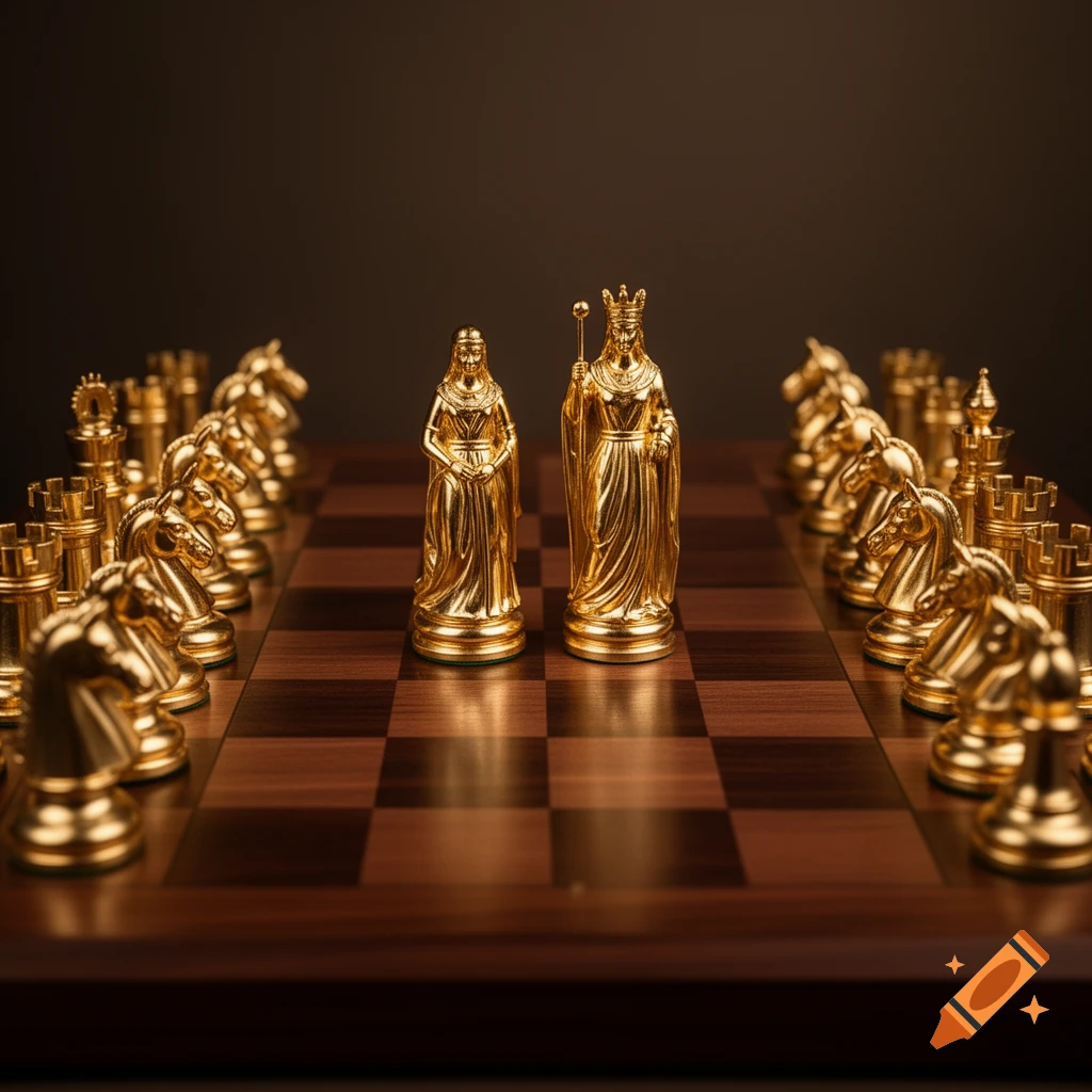 Golden chess pieces, with a king and queen centered, arranged on a wooden chessboard against a dark background.