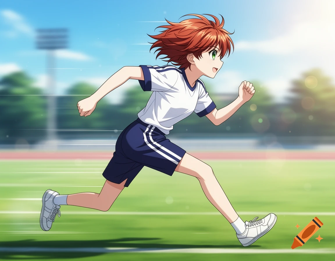 Anime girl in a school sports uniform running on a track field.