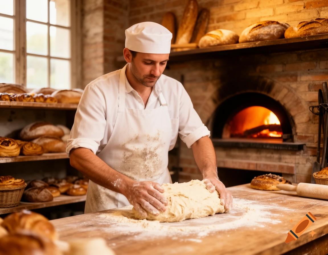 A male baker in a white chef's hat and apron kneads dough on a flour-dusted wooden table in a rustic bakery with a brick oven and shelves of fresh bread.