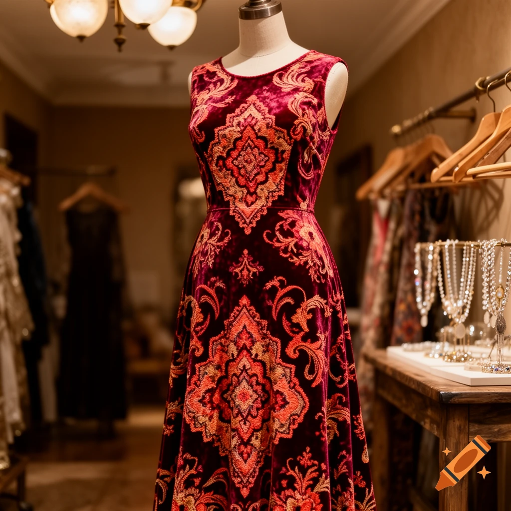 A vibrant red velvet dress with an intricate orange and red Persian rug motif on a mannequin in a clothing boutique.
