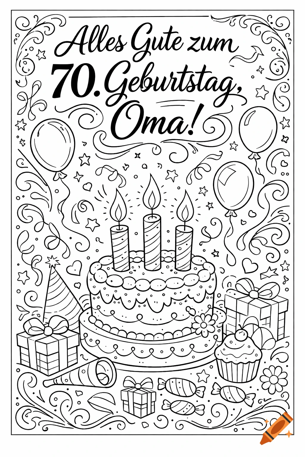 Black and white line art coloring page for a 70th birthday, with a cake, candles, balloons, gifts, and "Alles Gute zum 70. Geburtstag, Oma!" text.