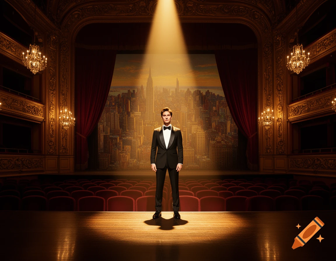 A man in a tuxedo stands on a grand theater stage under a spotlight, with a cityscape backdrop.