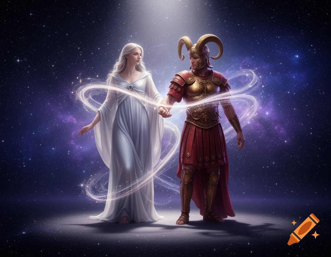 A white-haired woman in a white gown and a horned warrior in red and gold armor hold hands amidst glowing cosmic energy in a starry night sky.