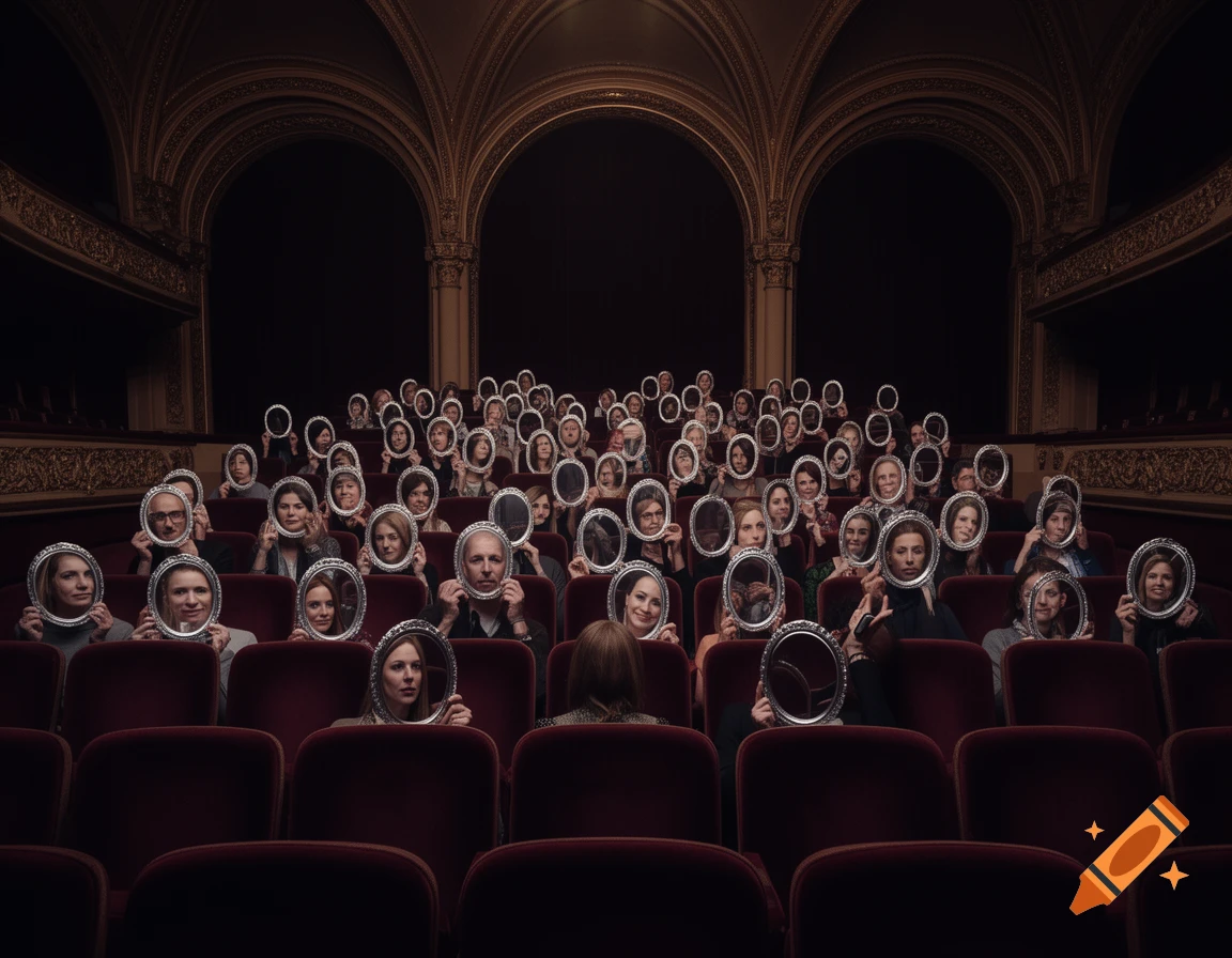 Audience seated in a grand theatre, each person holding an oval mirror reflecting their face, viewed from behind the first row.