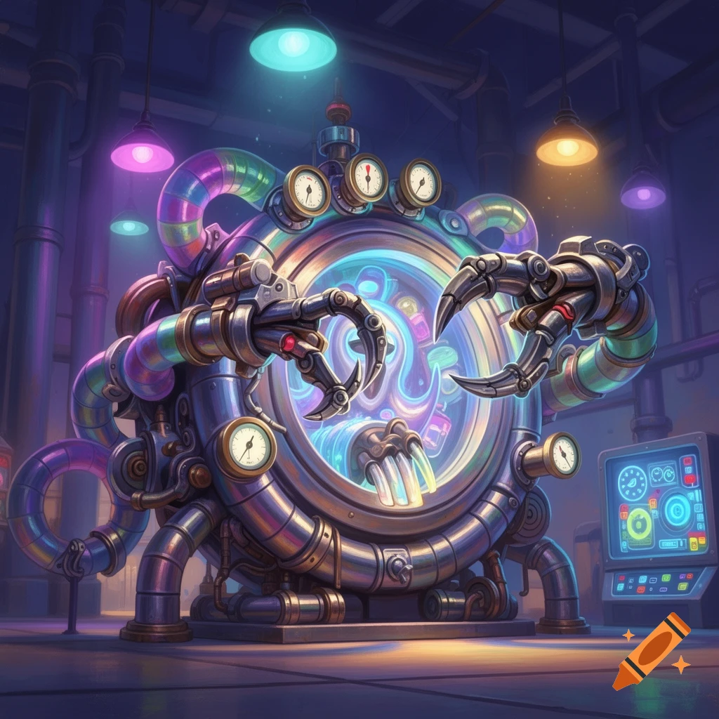 A detailed, colorful scream extractor machine from Monsters Inc. in a vibrant, cartoonish sci-fi lab setting.
