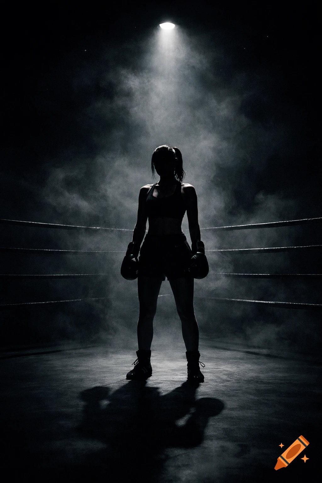 Silhouetted female boxer in a smoky boxing ring under a dramatic spotlight, in black and grey tones.