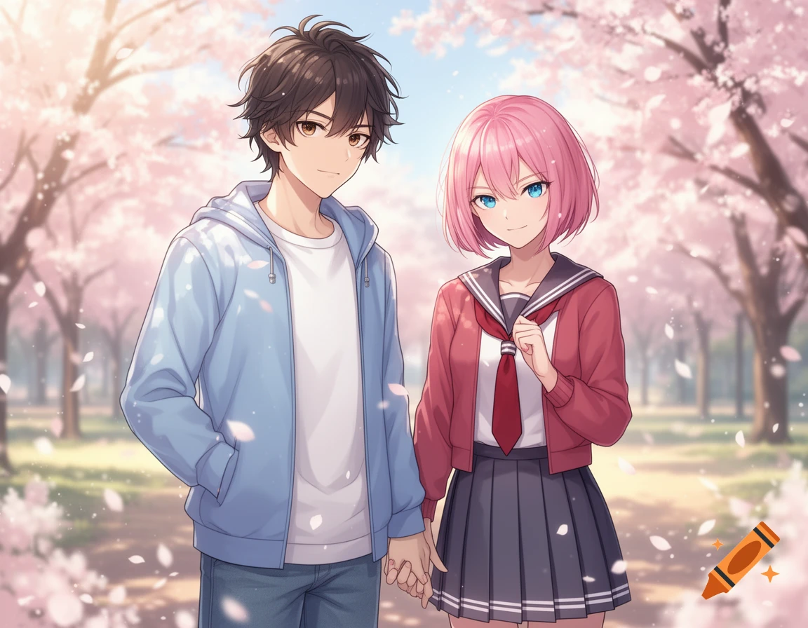 An anime couple holding hands and smiling under pink cherry blossom trees in a park.