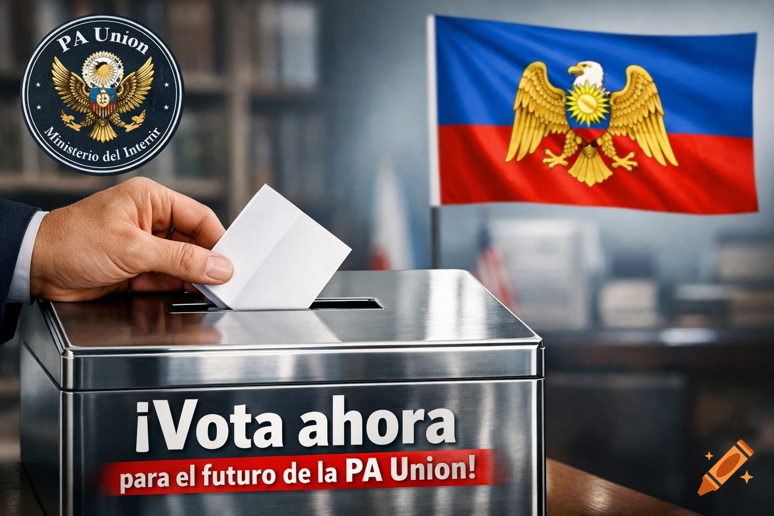 A hand places a ballot into a silver voting box. In the background are a flag with a blue and red stripe and an eagle emblem, and a round 'PA Union' seal.
