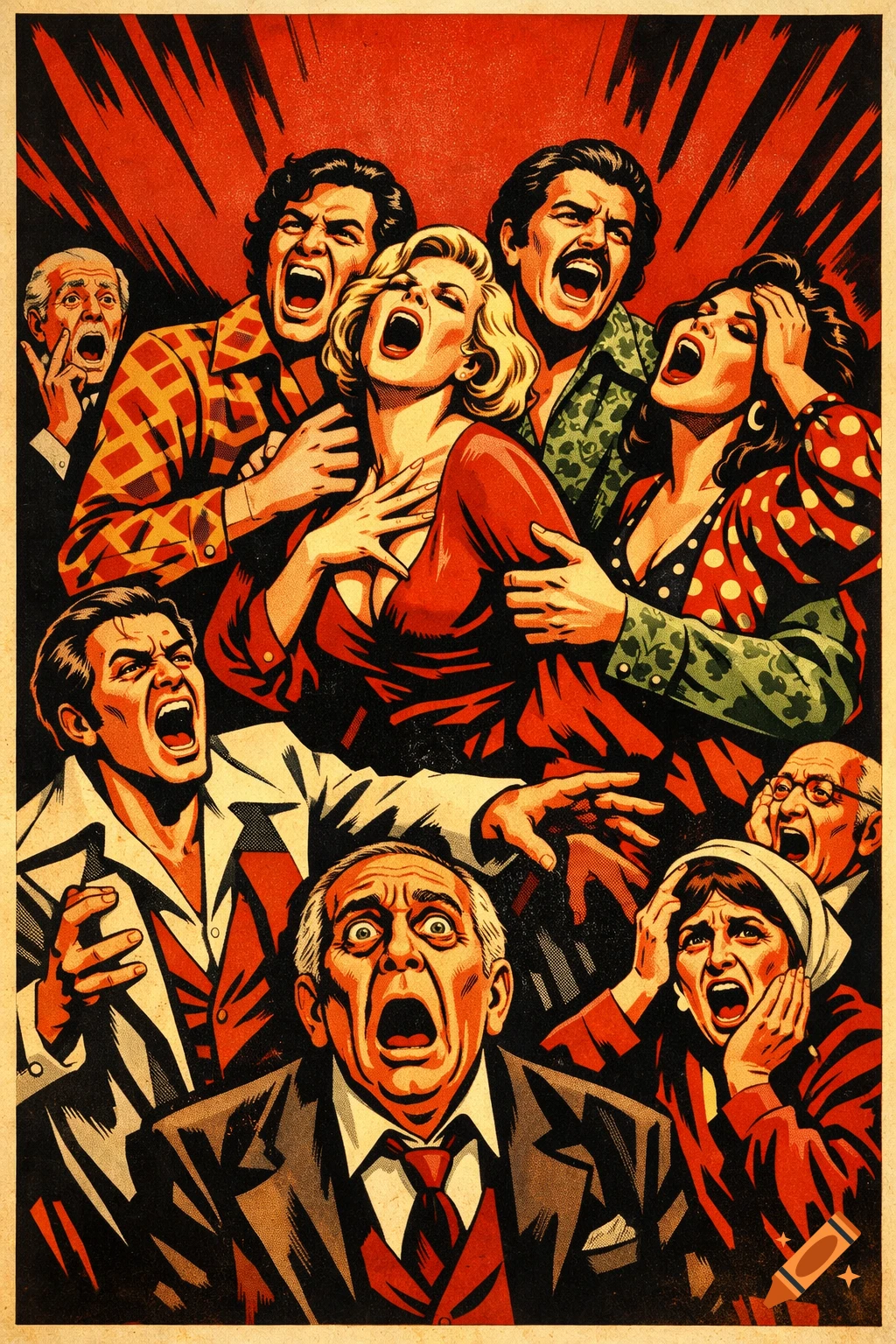 A retro-soviet style propaganda poster shows a group of men and women with exaggerated, horrified expressions against a stark red background.