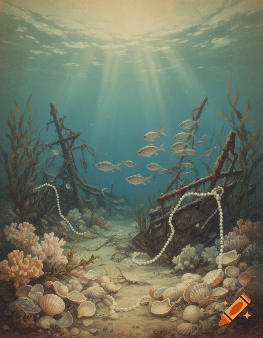 Vintage painting of an underwater seabed with a shipwreck, swimming fish, coral, shells, and pearl strings, illuminated by sunbeams.