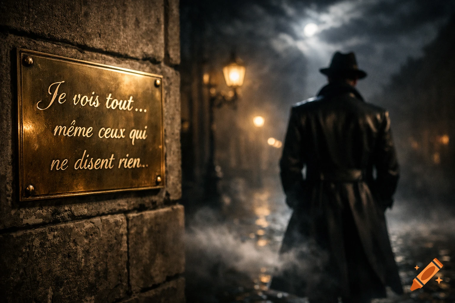 A mysterious figure in a trench coat and fedora walks down a misty, dimly lit street at night, next to a brass sign with French text.