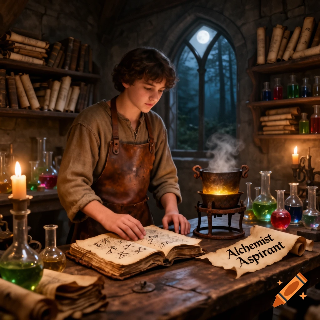 A young alchemist in a dark, stone workshop studies a book, surrounded by colorful potions, a steaming cauldron, and moonlight from a gothic window.