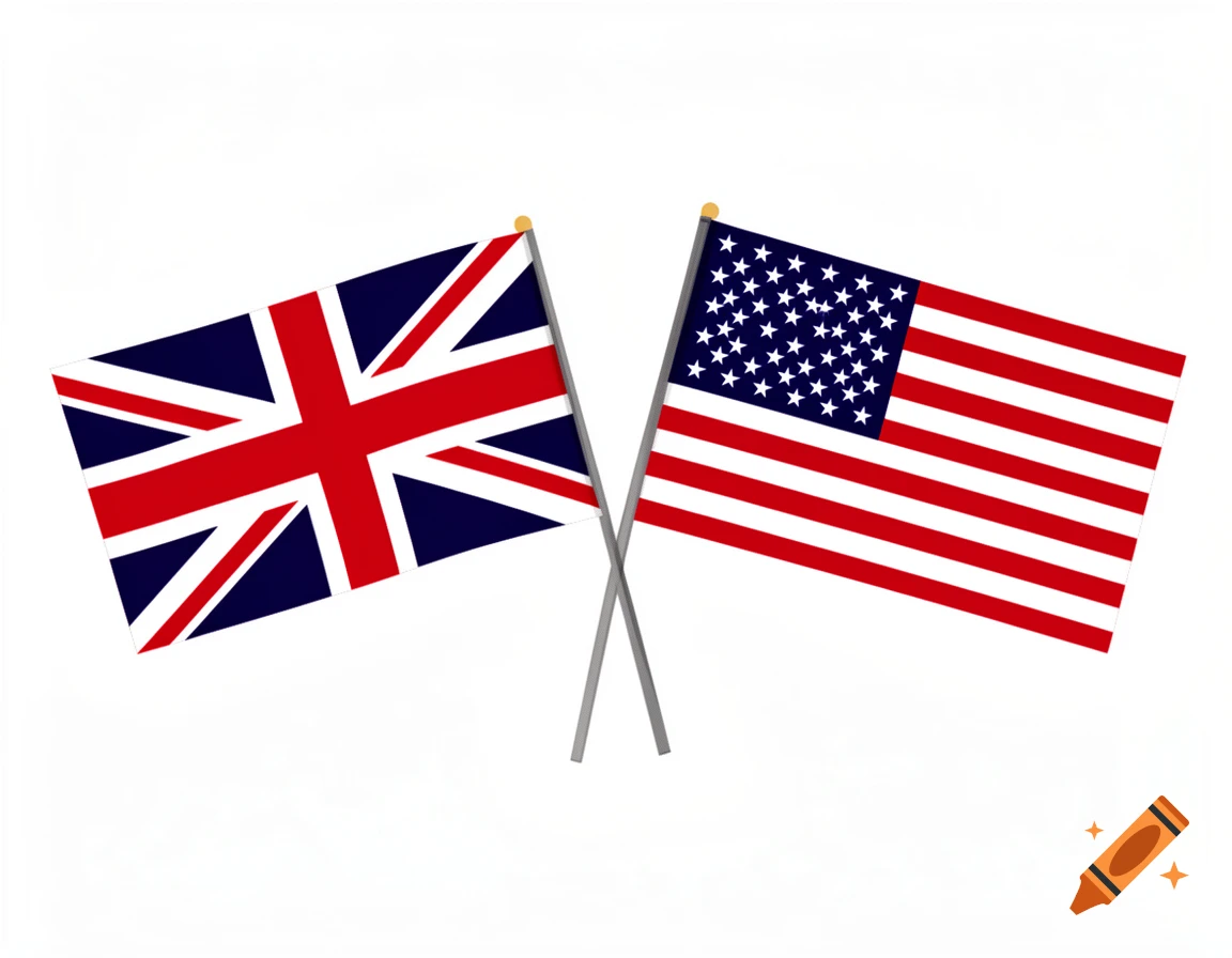 The Union Jack flag of the United Kingdom and the Stars and Stripes flag of the United States crossed on a white background.